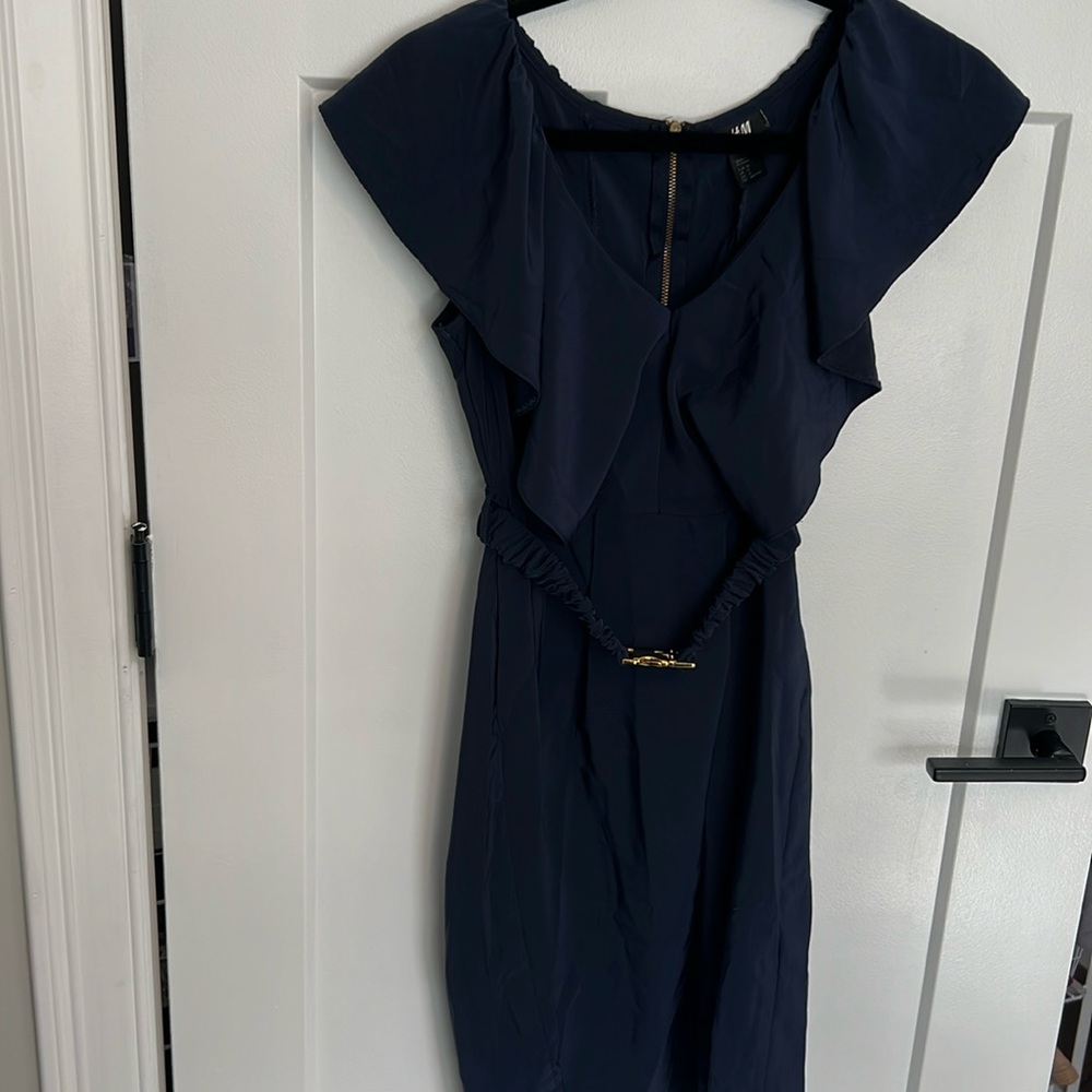 H&M navy dress with belt detail.